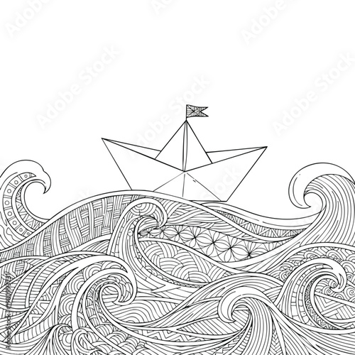 Stylized Illustration of a Sailboat Navigating Through Ocean Waves