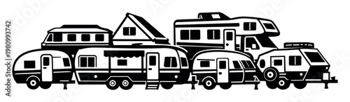Collection of various recreational vehicles, including motorhomes, travel trailers, and pop-up campers, symbolizing road trips and freedom