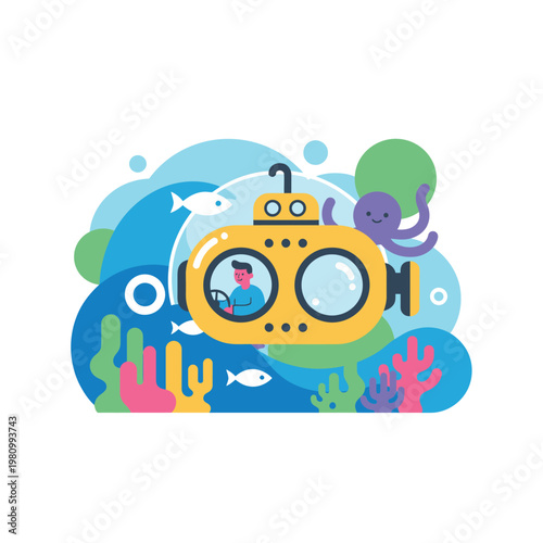 Colorful yellow submarine robot exploring underwater ocean scene.