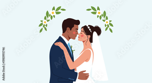 Diverse interracial wedding couple in elegant attire sharing a romantic embrace