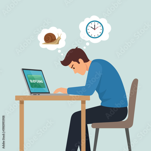 Frustrated man at a desk waiting for slow internet with snail and clock symbols
