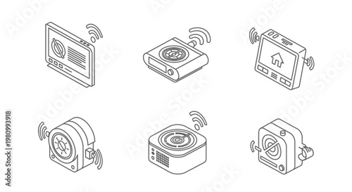 Smart home isometric icon set featuring security displays and wireless network transmitters for automation systems isolated on white background digital technology concept for modern life.
