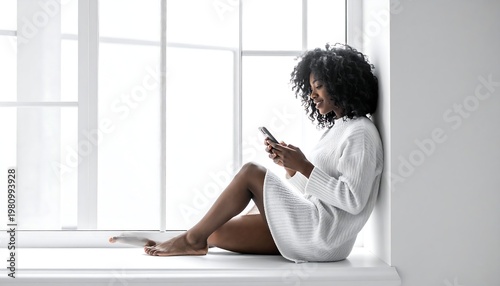 A person with curly hair sits on a windowsill, looking at a phone. The room is brightly lit with natural light