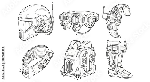 Futuristic wearable technology set featuring tactical helmet and high tech glasses with jetpack backpack plus smart watch and led belt for sci-fi gear and advanced equipment concept.