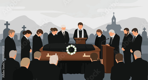 Mourners gather at a funeral ceremony around a coffin in a cemetery illustration