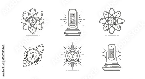 Nuclear energy and battery power symbols collection featuring atom models lightning bolt icons and electrical charging station graphics isolated on white for clean power technology designs.