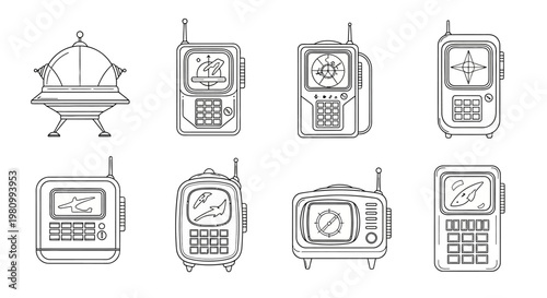 Retro futuristic communication devices and space ship technology set in line art style including portable monitors with radar displays and radio antennas for science fiction adventure.