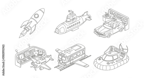 Futuristic transport vehicles set featuring rocket submarine car with control panel airplane train with wings and hovercraft concepts for sci-fi transportation design isolated on white background.