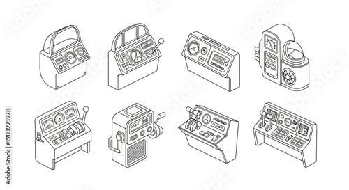 Industrial control panel consoles set featuring various cockpit dashboards with gauges levers switches and monitoring screens for ship plane or factory machinery operations on white background.