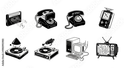 Compilation of vintage and retro technology items like cassette tape, VR headset, rotary phones, Game Boy, turntables, computer, and television, showcasing evolution of devices.