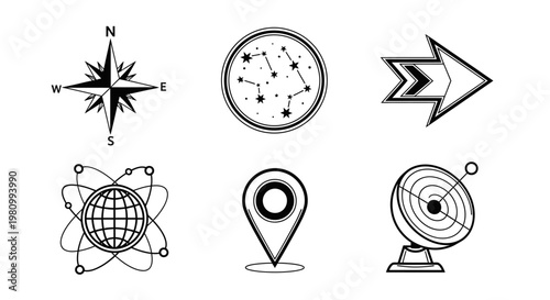 Set of abstract and symbolic icons including compass, constellation, arrow, atomic structure, map pin, and satellite dish, representing direction, navigation, and technology.