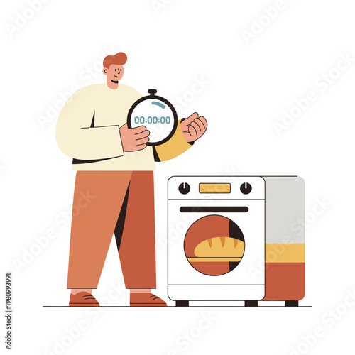 Baker holding timer beside oven with bread.