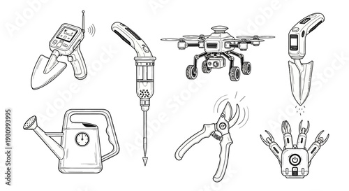 Futuristic gardening tools collection including high tech shovel drone plant seeder watering can pruner and robot hand isolated on white background for smart agricultural technology design.