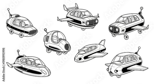 Assortment of futuristic and stylized vehicles, including flying cars and spaceships with sleek designs, representing future transportation and science fiction concepts.