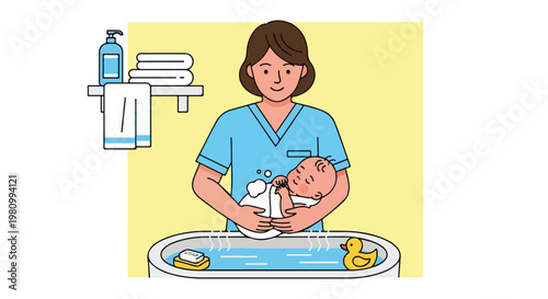 Female nurse in blue scrubs bathing a newborn baby in a tub with a rubber ducky