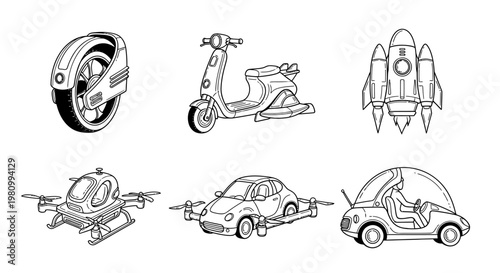Future vehicles set isolated on white background. collection of hand drawn transport with drone, rocket, hover car, electric scooter, and monowheel in line art style.