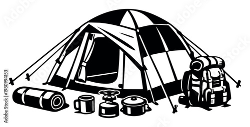 Camping equipment illustrating travel, hiking, and exploring wilderness. Essential supplies for a nature trip or an active lifestyle