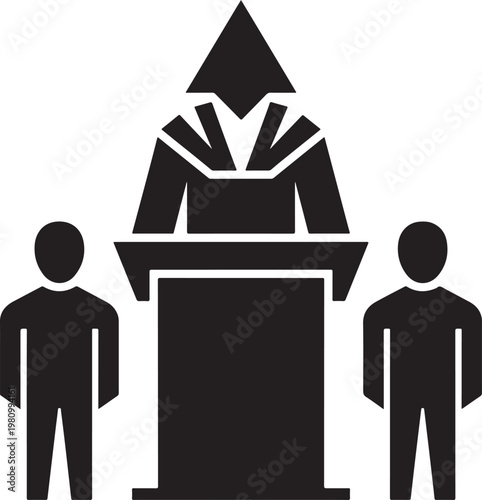 Speaker at podium with two audience members audience listeners presentation conference discussion communication information education learning politics government