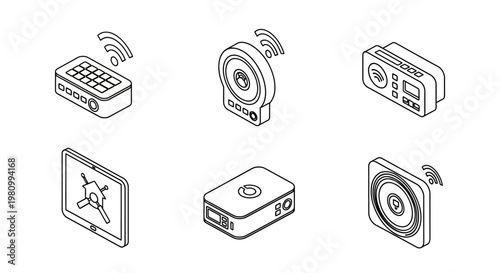 Smart home security and wireless automation device icons isometric line art collection including touch screen control panels sensors cameras and network routers for modern living concepts.