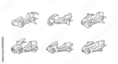 Retro futuristic scooter and motorbike concept vehicle sketches showing various streamlined transportation designs with rocket engines and aerodynamic curves for science fiction projects.