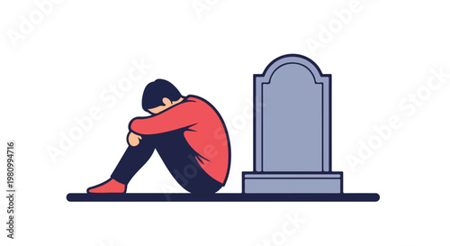Illustration of a sad man sitting near a tombstone mourning loss of a loved one