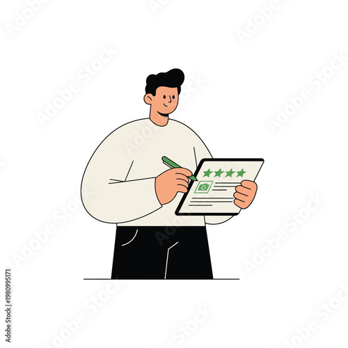 Man presenting and rating a report illustration.