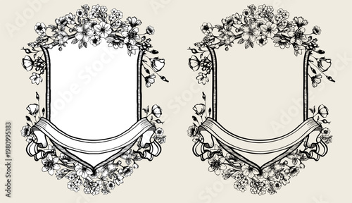Elegant hand-drawn Victorian heraldic crest with floral elements and ornamental details. Vector shield in two versions: with background and isolated.
