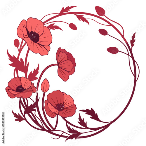 Red poppy flower floral wreath border frame with buds and leaves on white background vector illustration elegant circular design.