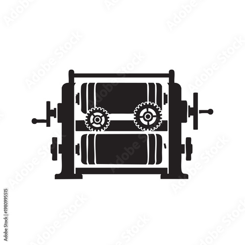 Industrial heavy machinery rolling mill tool icon flat vector black silhouette for metal sheet fabrication production equipment manufacturing plant symbol isolated on white background graphic art.