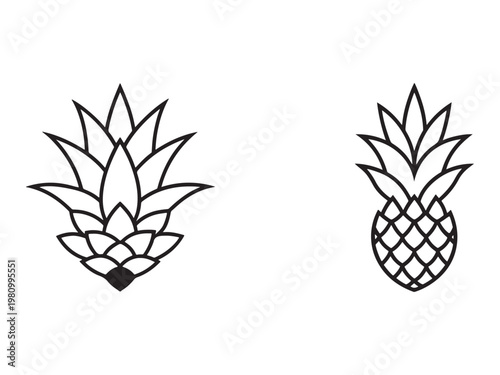 Pineapple fruit icons with leaves and prickly skin  tropical symbol  fresh and juicy illustration