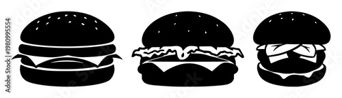 Plant-based meat burger icon set with solid black outline on white background featuring plant-based burger, simple line art, minimalist with black and white and food illustration