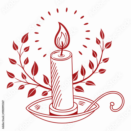 Candle in a brass candlestick with a handle, surrounded by delicate branches and leaves, casting a warm glow with radiating light beams.