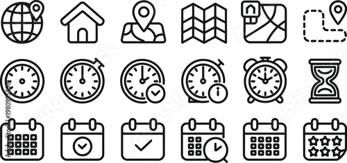 A clean and modern collection of icons representing travel, time, and scheduling, perfect for business and organizational needs