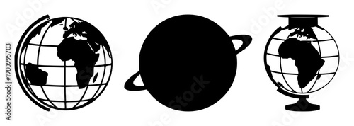 Education globe black filled icon set with graduation cap and world map featuring knowledge, learning, academic with international and worldwide