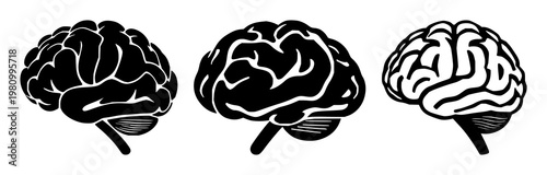 Brain learning icon set with solid black design on white background featuring brain, education, knowledge with memory and growth