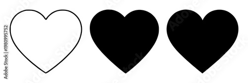 Favorite heart icon set with solid black icon on white background featuring heart, icon, favorite selector with love and symbol