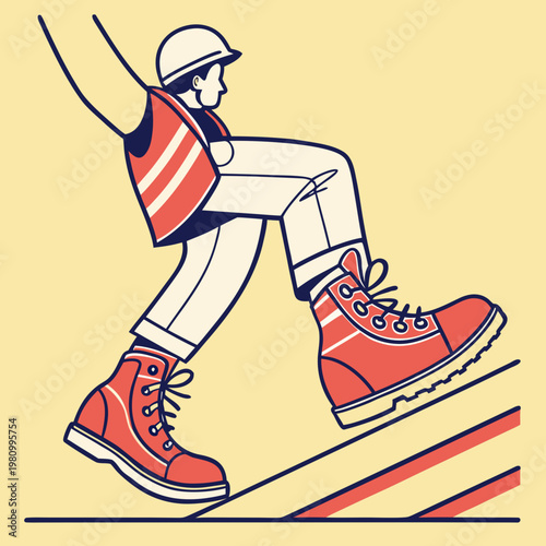A male worker wearing safety boots, hard hat and vest is climbing upwards, showing determination and progress in a minimal design.