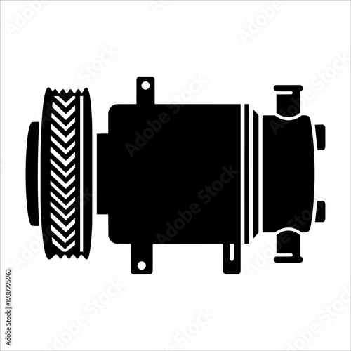 Solid Black Side Profile Auto AC Compressor with Ribbed Pulley Vector Icon 