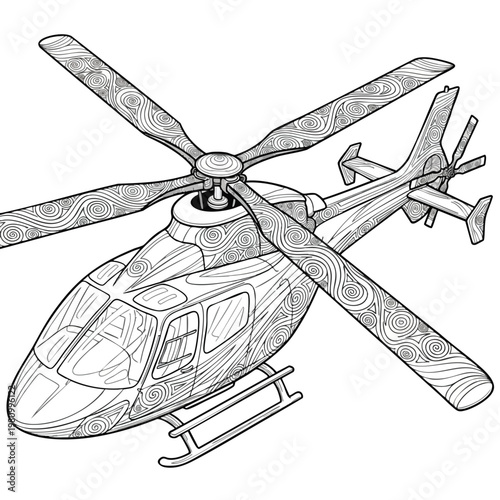 Detailed Line Drawing of a Modern Helicopter for Aviation and Transportation Themes