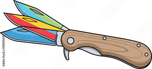 Colorful Folding Knife with Multi-Colored Blades and Wooden Handle for Outdoor and Survival Use
