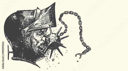 Medieval Knight Helmet Illustration with Broken Chain Flail Graphic Design Vector Art in Vintage Engraved Style for Historical Concepts