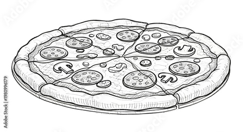 Detailed hand drawn sketch of a whole pepperoni and mushroom pizza viewed from a perspective angle position.