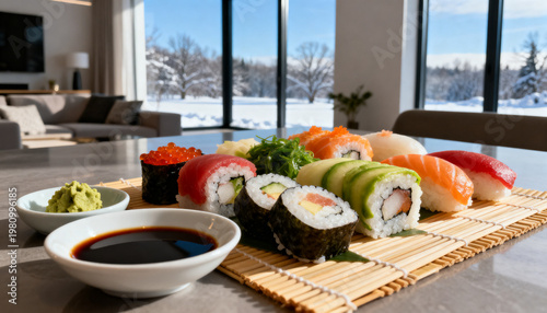 A colorful assortment of sushi rolls on a bamboo mat, with soy sauce and wasabi, during a clear winter day in a modern dining room