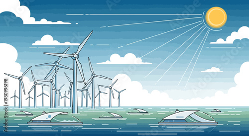 Sustainable Future: A visual depicting the marriage of wind and solar power, with wind turbines generating energy in the ocean with solar energy.