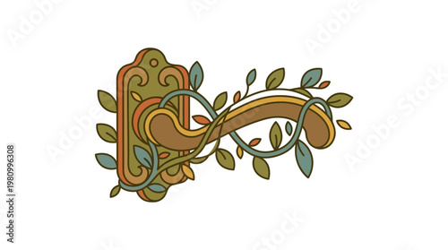 Decorative Door Handle with Organic Leaf and Vine Motif, Vintage Style Illustration