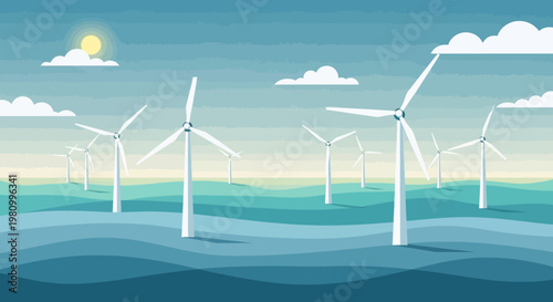 Renewable Energy at Sea: An array of wind turbines gracefully stands in the serene ocean waters, harnessing the power of the wind to generate clean energy under a bright sky with fluffy clouds.