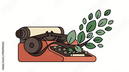 Creative writing and storytelling concept with a vintage typewriter and flourishing green leaves