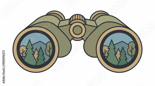 Binoculars looking at a forest scene with trees and mountains