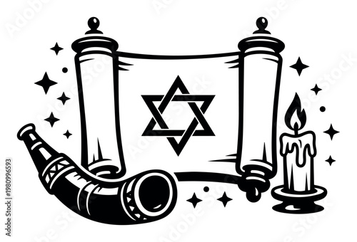 Judaism religious symbols set featuring a holy Torah scroll, shofar horn, and a burning candle with the Star of David