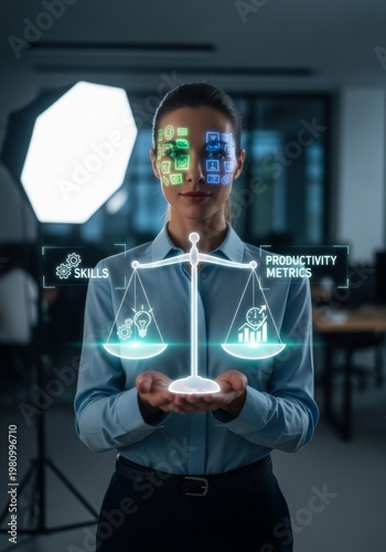 Businesswoman Using Digital Interface to Weigh Hard and Soft Skills